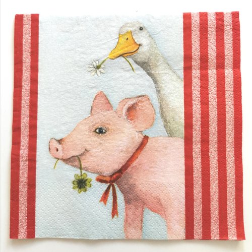 Serviette papier/napkin : "cochons, porcelet, oie, trèfle à 4 feuilles, marguerite"