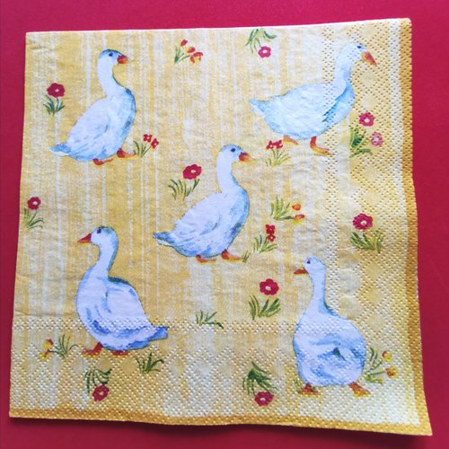 Serviette papier/napkin : "oies blanches, fleurs rouges"
