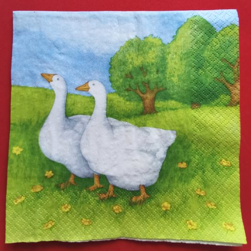 Serviette papier/napkin : "oies blanches, pré, arbres, fleurs jeunes"