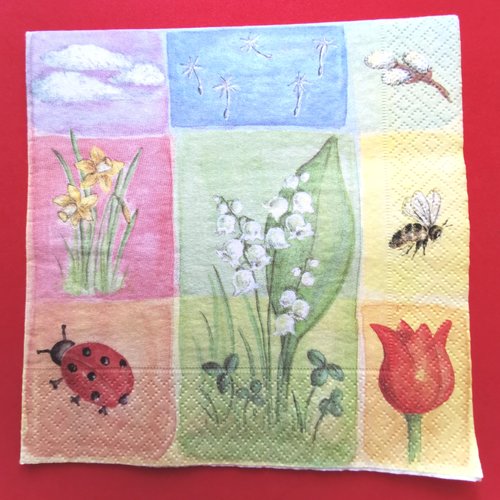 Serviette papier/napkin : "coccinelles, muguet, abeille, jonquilles, tulipe"