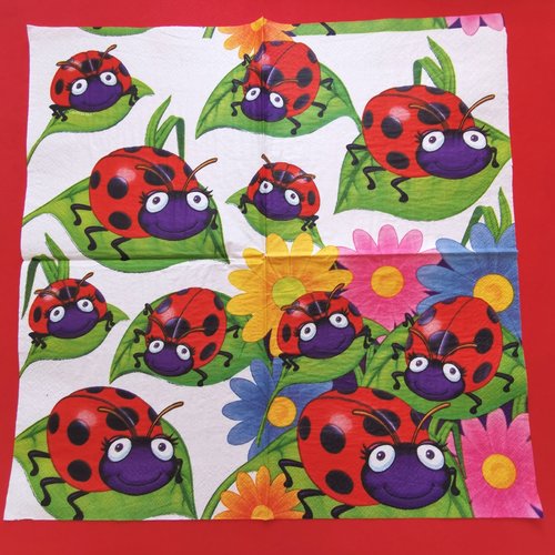 Serviette papier/napkin : "coccinelles, feuilles, fleurs multicolores"
