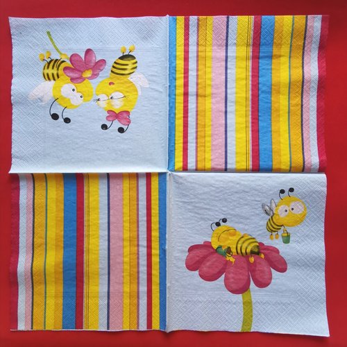 Serviette papier/napkin : "abeilles, fleur, rayures multicolores"