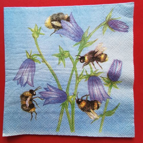 Serviette papier/napkin : "abeilles, clochettes bleues"