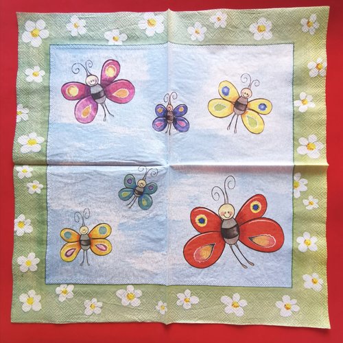 Serviette papier/napkin : "papillons, fleurs blanches"