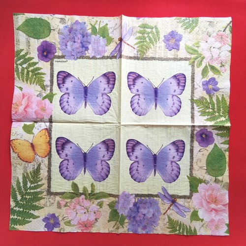 Serviette papier/napkin : "papillons, libellules, hortensia, rose, fougère, fleurs de cerisier"
