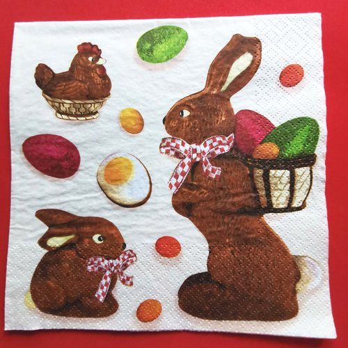 Serviette papier/napkin : "lapins, poule, œufs en chocolat"