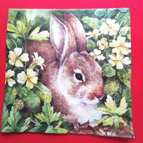 Serviette papier/napkin : "lapins, herbe, fleurs"