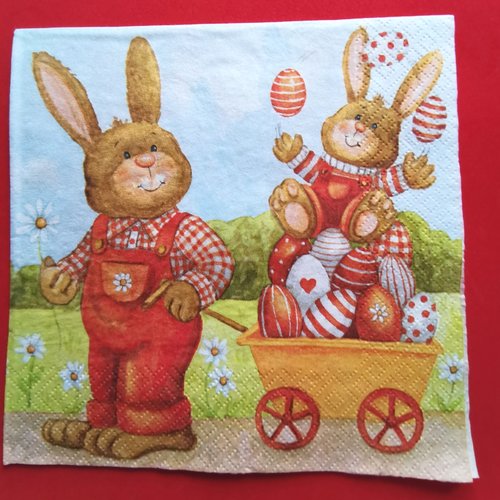 Serviette papier/napkin : "lapins, lapereau, chariot, œufs de pâques"
