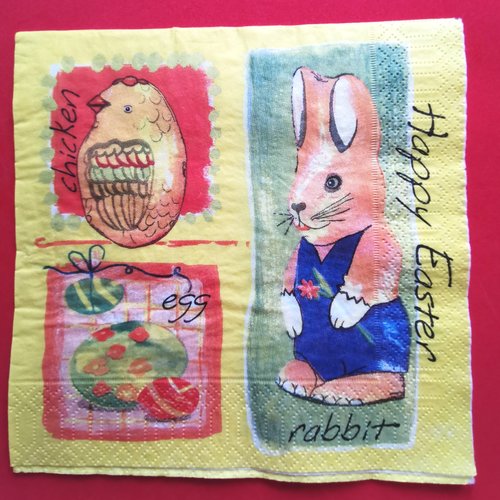 Serviette papier/napkin : "lapins, poussin, œufs"