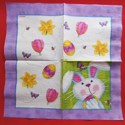 Serviette papier/napkin : "lapins, papillons, abeilles, tulipes, jonquilles"