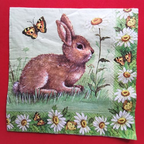 Serviette papier/napkin : "lapins, papillons, marguerites"