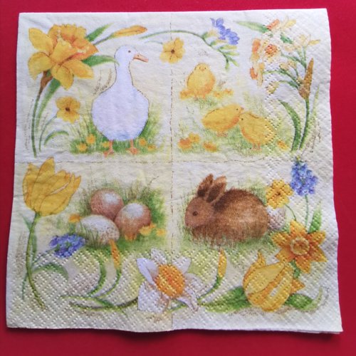Serviette papier/napkin : "lapins, canard, poussins, œufs, jonquilles, tulipes, muscaris"