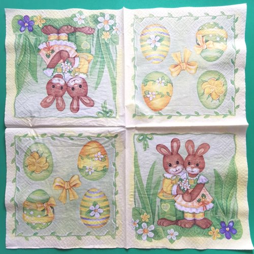 Serviette papier/napkin : "lapins, lapereau, œufs de pâques, nœuds, rubans, fleurs""