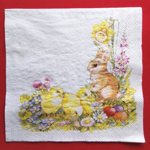 Serviette papier/napkin : "lapins, lapereau, poussins, jonquille, pâquerettes, œufs"