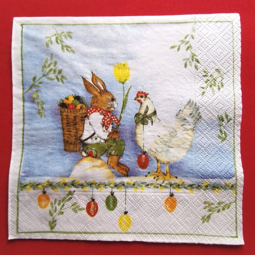 Serviette papier/napkin : "lapins, poule, hotte, tulipe, œufs de pâques"
