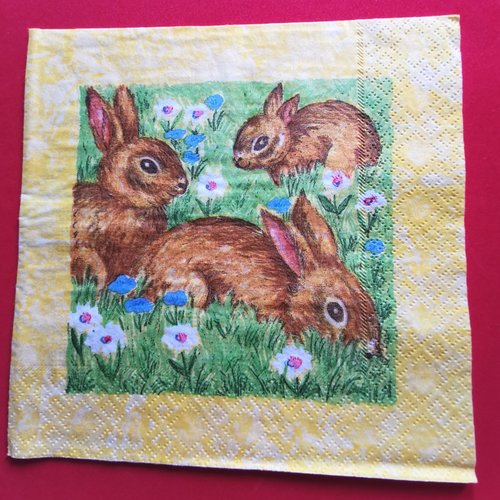 Serviette papier/napkin : "lapins, fleurs"