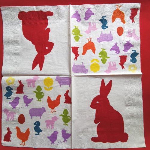 Serviette papier/napkin : "lapins, mouton, poule, canard, agneau, poussins"