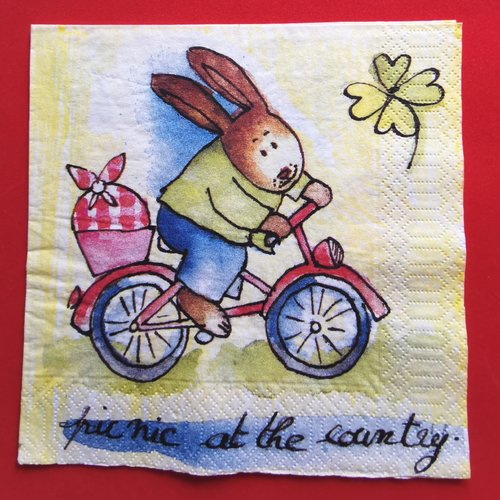 Serviette papier/napkin : "lapins, vélo, pic-nic"