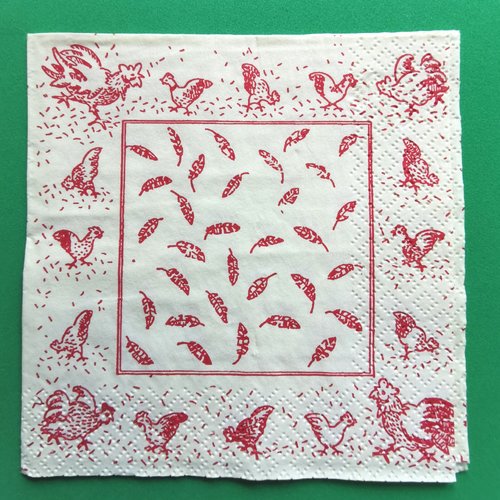 Serviette papier/napkin : "coqs, poules, plumes"