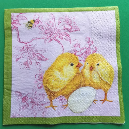 Serviette papier/napkin : "poussins, œuf, fleurs, abeille"