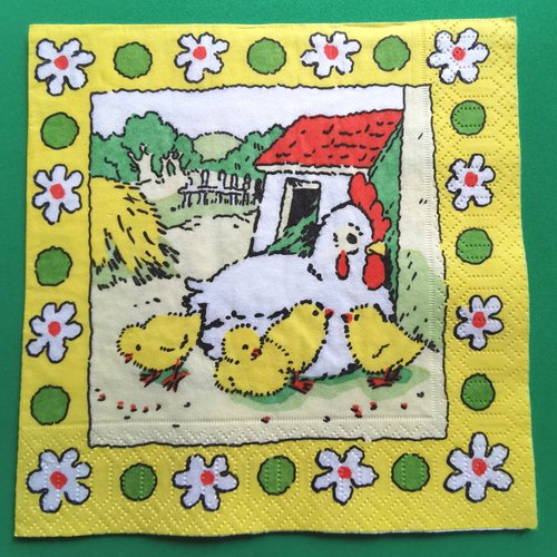 Serviette papier/napkin : "poules, poussins, poulailler, paille"