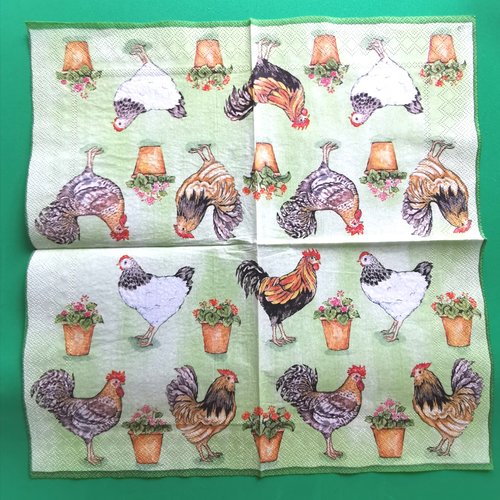 Serviette papier/napkin : "coqs, poules, pots de géraniums"