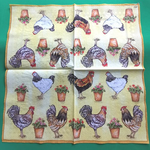 Serviette papier/napkin : "coqs, poules, pots de géraniums"