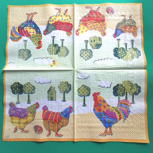 Serviette papier/napkin : "coqs, poules, patchwork"
