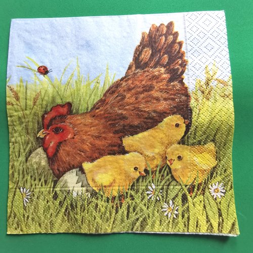 Serviette papier/napkin : "poules, poussins, coccinelle"