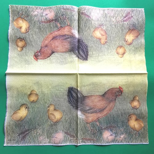 Serviette papier/napkin : "poules, poussins, œufs, blé"