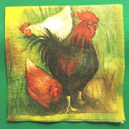 Serviette papier/napkin : "coqs, poules"