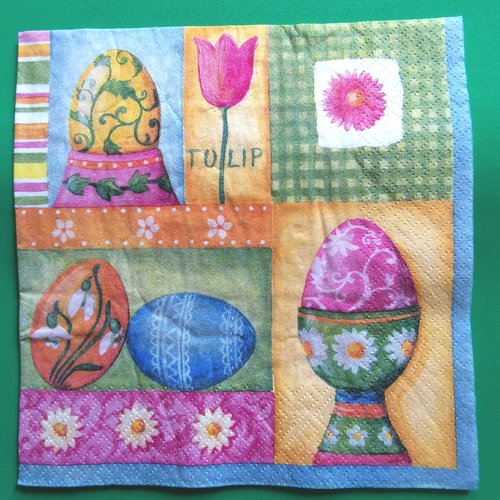 Serviette papier/napkin : "oeufs décorés, coquetiers, tulipe"