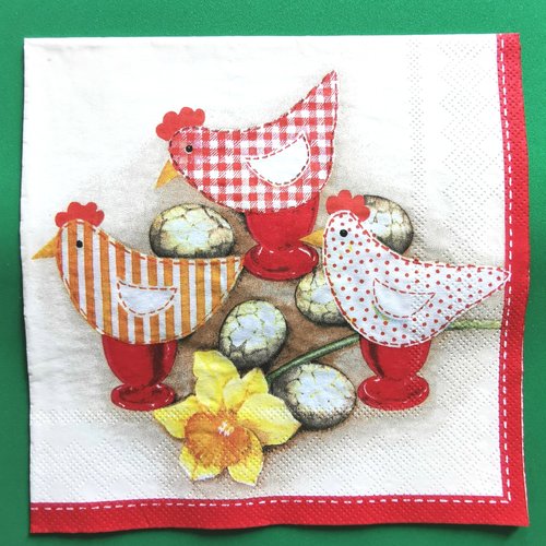 Serviette papier/napkin : "oeufs coques, poules tissus couvre œufs, jonquille"