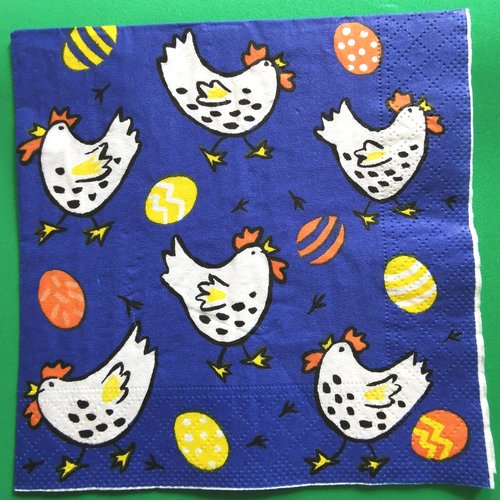 Serviette papier/napkin : "poules blanches, œufs de pâques"