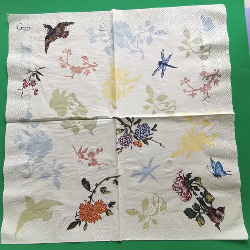 Serviette papier/napkin: faïencerie gien france "oiseaux poètes", oiseaux, papillons, libellule, dahlias, pivoines
