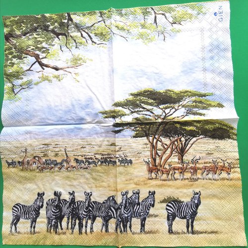 Serviette papier/napkin: faïencerie gien france "safari", zèbres, antilopes,girafes