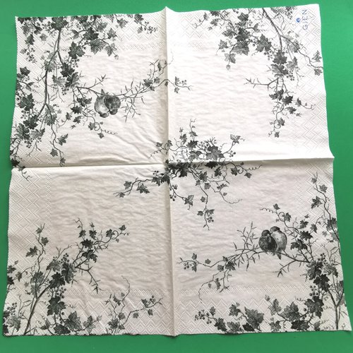 Serviette papier/napkin: faïencerie gien france "les oiseaux", oiseaux, feuilles et fruits de lierre