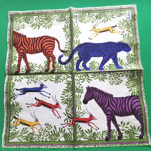 Serviette papier/napkin: faïencerie gien france "zenaba", zèbre, antilope, tigre