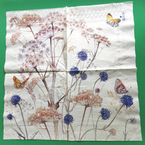 Serviette papier/napkin: faïencerie gien france "azur", fleurs des champs, papillons