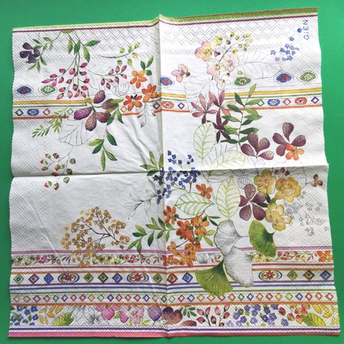 Serviette papier/napkin: faïencerie gien france "bagatelle", fleurs et feuillages