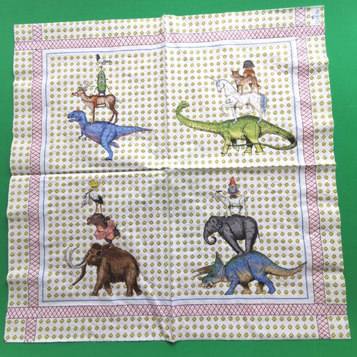 Serviette papier/napkin: faïencerie gien france "lucien", dinosaure, mammouth, chèvre, licorne, hippopotame, cigogne, renne, lutin