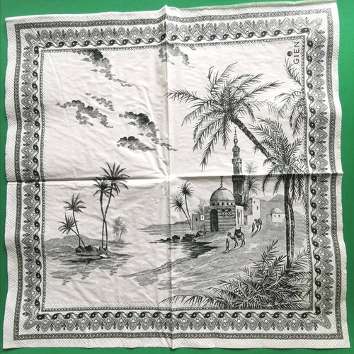 Serviette papier/napkin: faïencerie gien france "vue d'orient depareil vert", mosquée, minaret, chameaux, palmiers