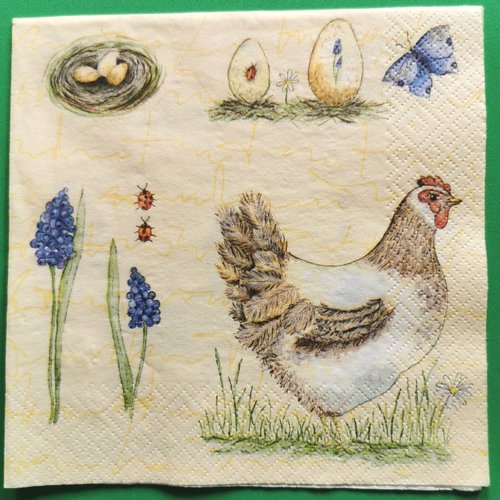 Serviette papier/napkin : "poules, œufs, nid papillons, coccinelles, muscari"