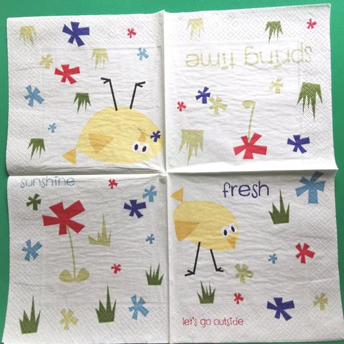 Serviette papier/napkin : "poussins, fleurs"
