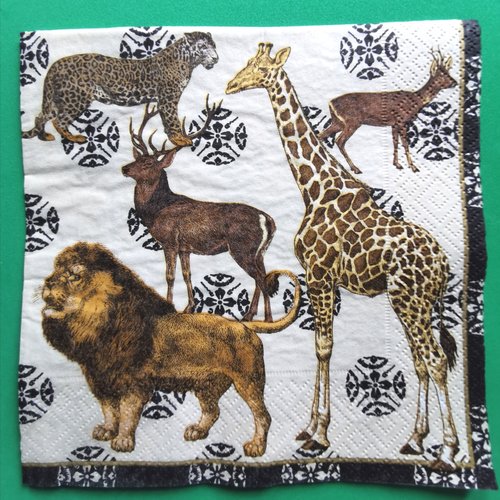 Serviette papier/napkin : "girafes, lions, cerfs, chevreuils, guépards"