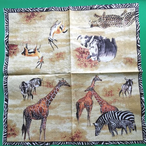 Serviette papier/napkin : "girafes, zèbres, zébus, rhinocéros, guépard, antilopes"