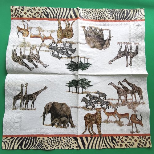 Serviette papier/napkin : "girafes, zèbres, guépard, antilopes, éléphants"