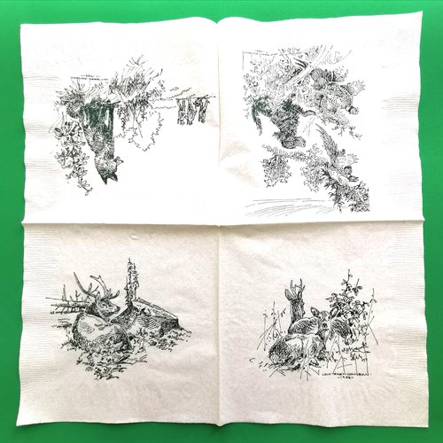 Serviette papier/napkin : "cerfs, biches, loup, chien, faisans, chasseurs"
