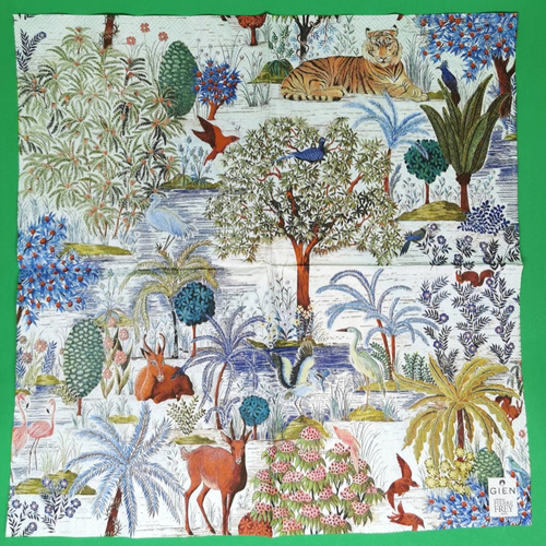 Serviette papier/napkin: faïencerie gien france "jardin du palais", tigre, héron, écureuil, flamand rose, antilope