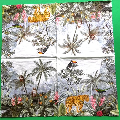 Serviette papier/napkin : "tigres, perroquet, toucan, singes, palmiers, fleurs exotiques, jungle"